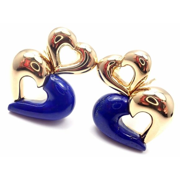 Rare! Authentic Van Cleef & Arpels 18k Yellow Gold Lapis Lazuli Heart Earrings - Picture 1 of 10
